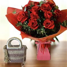Valentine's Romantic red rose and bespoke handbag combo